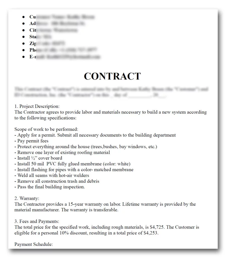 contgract with roofing contractor