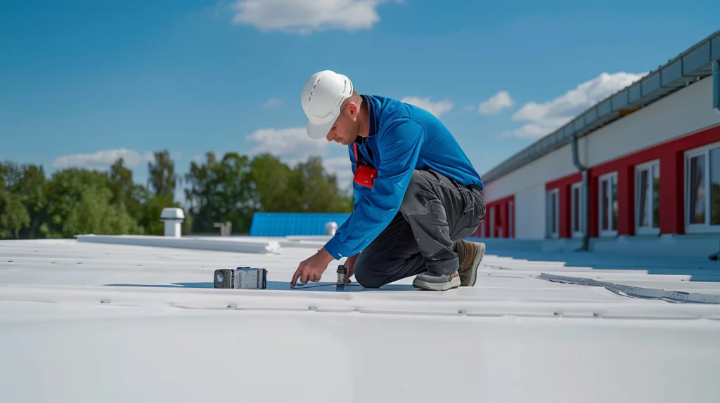 Commercial flat roof being inspected after a leak