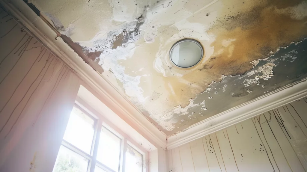 black mold on the ceiling due to roof leaks