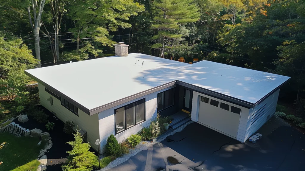 Flat roof with low slope surrounded by green landscaped area