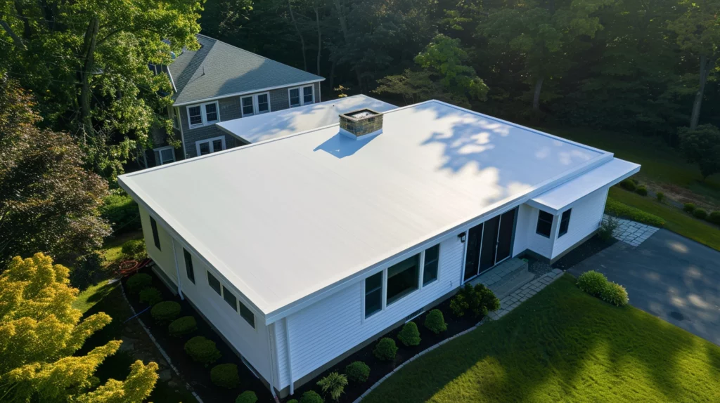 Minimalist house with flat roof and low slope against a green yard background