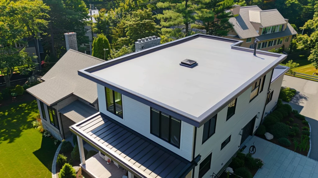Flat roof with low slope and vent on a two-story suburban house