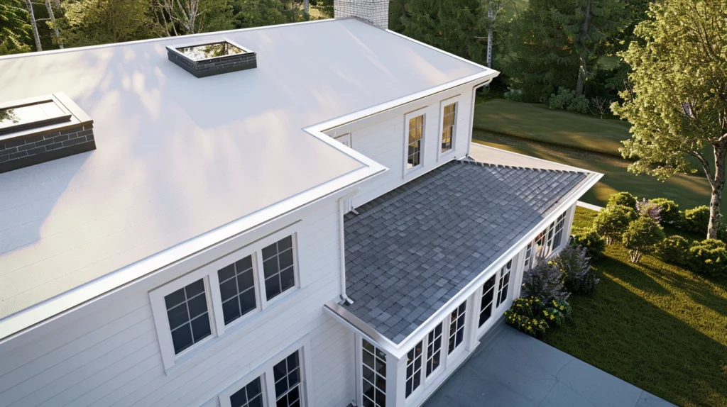 Flat roof with low slope and skylights adjacent to a pitched roof