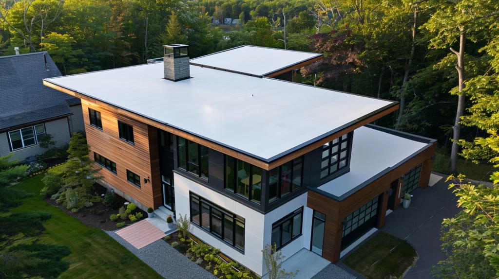 Large flat roof with low slope on a modern house made of wood and glass