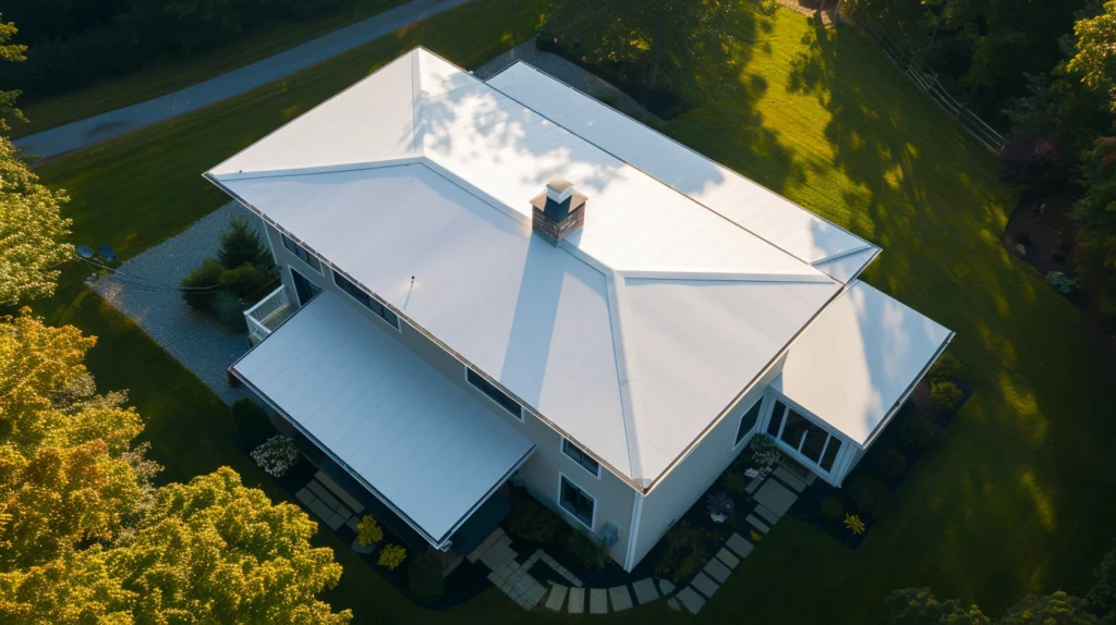 Modern house with white low slope roof surrounded by a garden with trees
