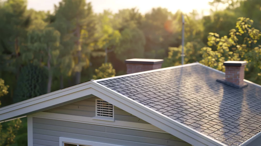 Low-slope shingle roof on a house surrounded by greenery