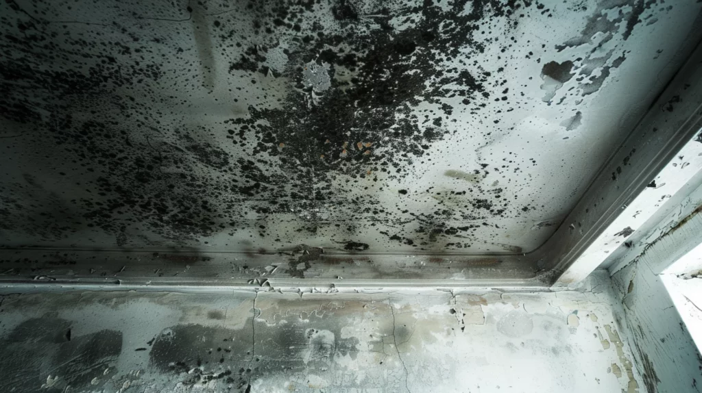 black mold on the ceiling due to roof leaks