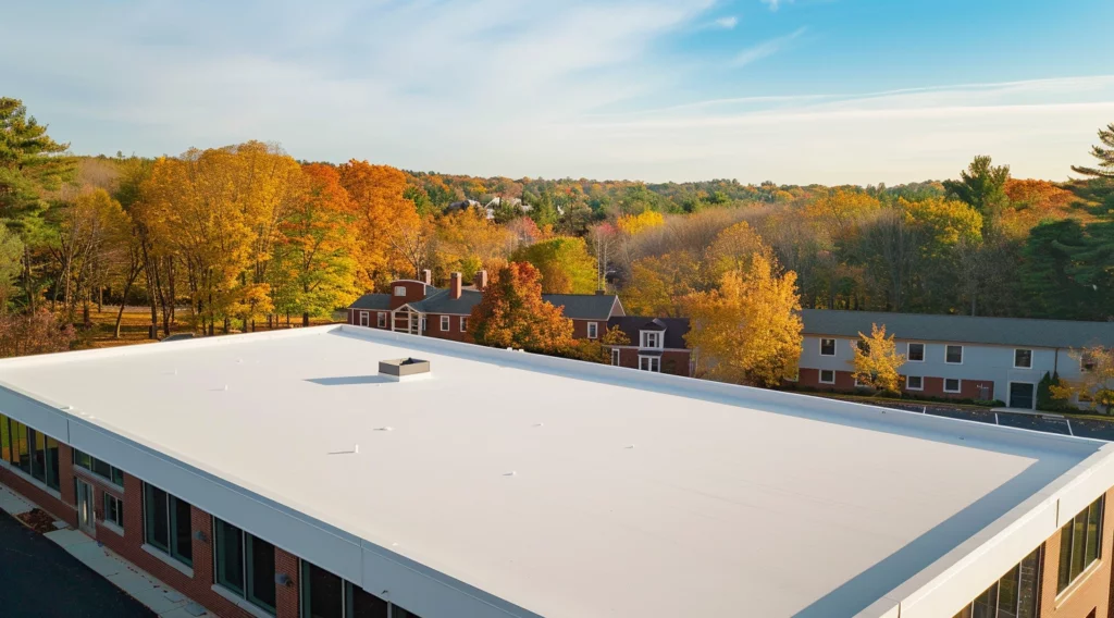 White PVC flat roof on a commercial building in autumn