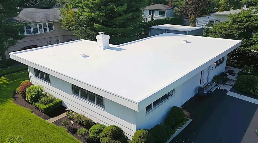 Residential white PVC flat roof with greenery