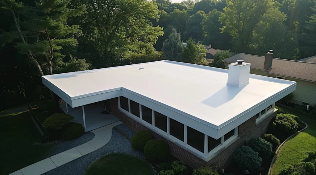 Modern house with a white PVC flat roof and landscaped surroundings