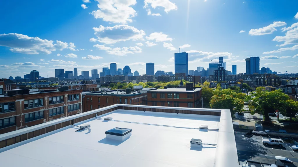 Aerial view of a white PVC flat roof