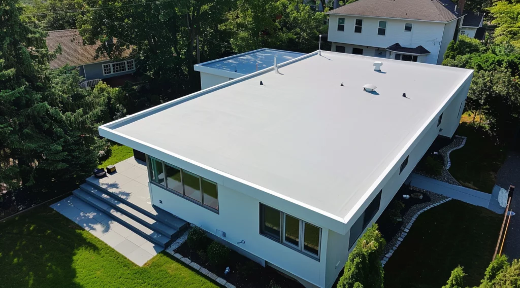 White PVC flat roof on a home with a landscaped yard
