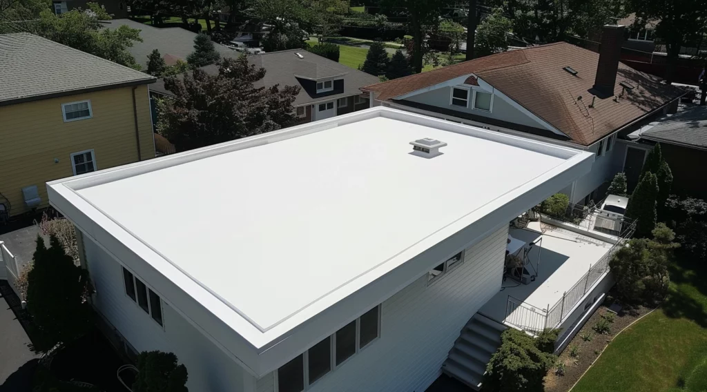 Suburban house with a white PVC flat roof
