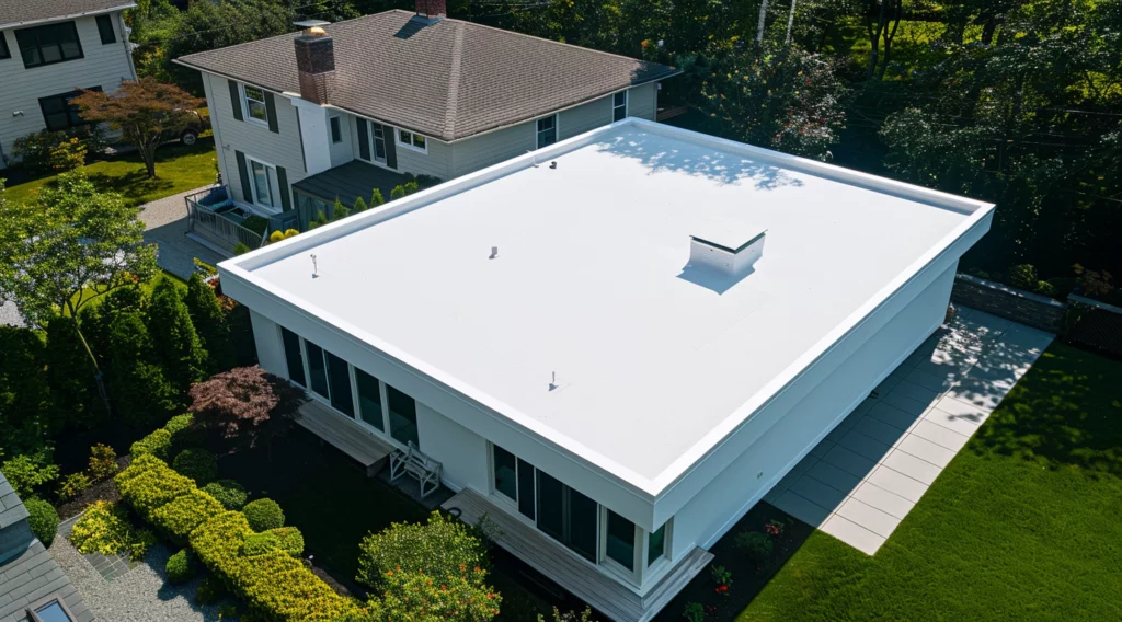 Modern home with a white PVC flat roof and garden