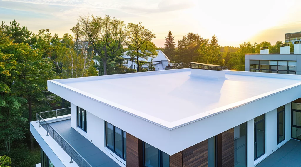 Building with a white PVC flat roof at sunset
