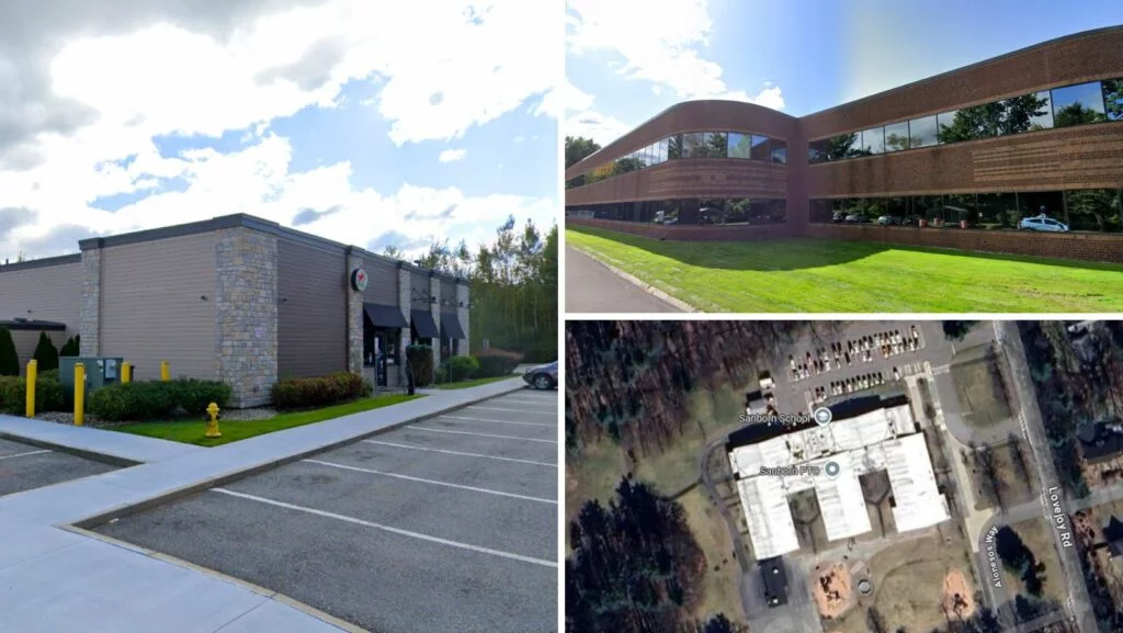 Collage of three images: a modern commercial building, a curved glass-front office building, and an aerial view of an industrial complex with white roof