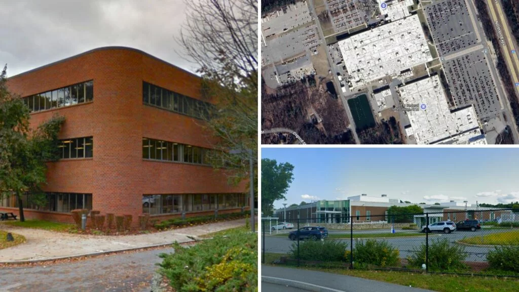 Collage of three images: brick office building with large windows, a large industrial complex with white roof, and a fenced commercial or institutional facility