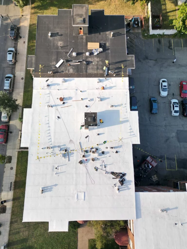 Expertly installed PVC at 790 Hyde Park, as shown from an aerial view. We're almost done