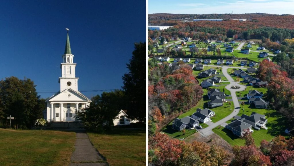 Classic New England church and residential neighborhood in Boylston, MA — potential for modern flat roofing applications