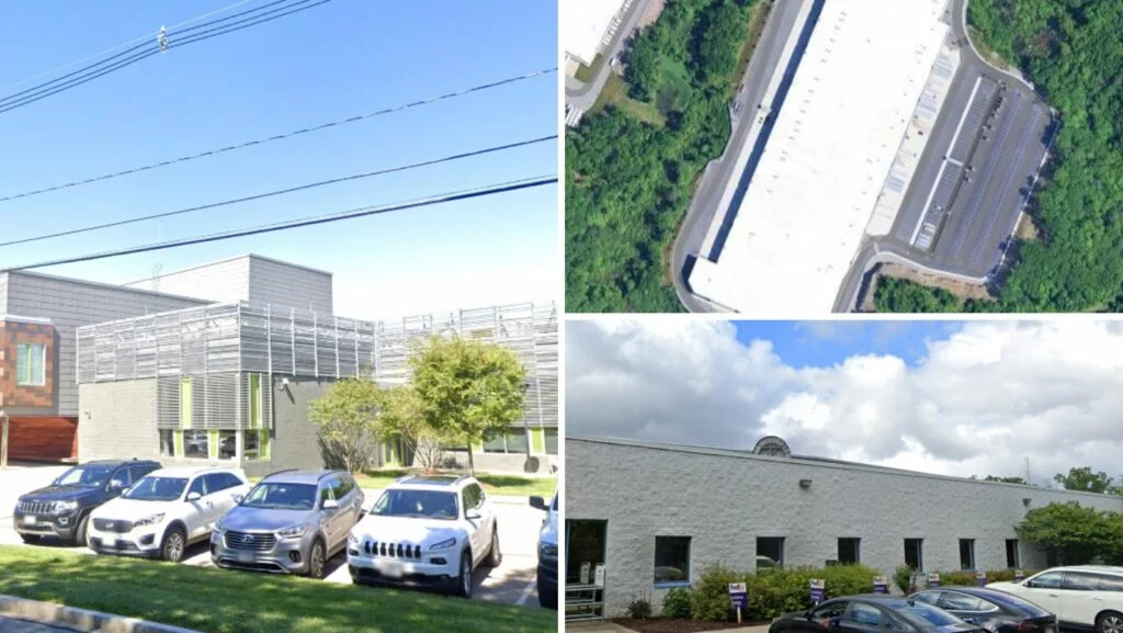 Industrial and office buildings in Boylston, MA with large white flat roofs visible from aerial and ground views