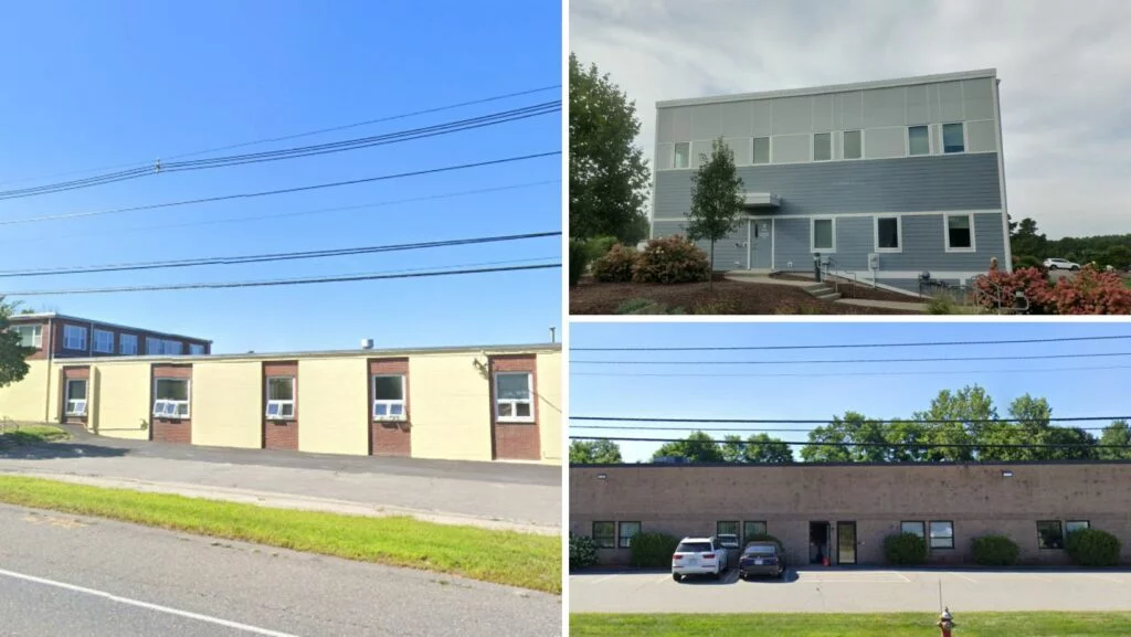 Flat roof commercial properties in Boylston, MA, showcasing diverse building styles suitable for white PVC roofing