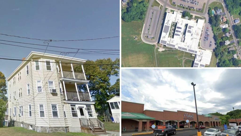 Flat roofing opportunities in Braintree, MA shown on residential buildings, schools, and commercial retail plazas