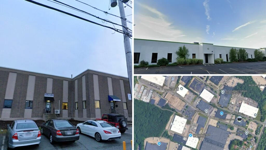 Industrial and warehouse buildings in Braintree, MA with large flat roofs visible from street and aerial views