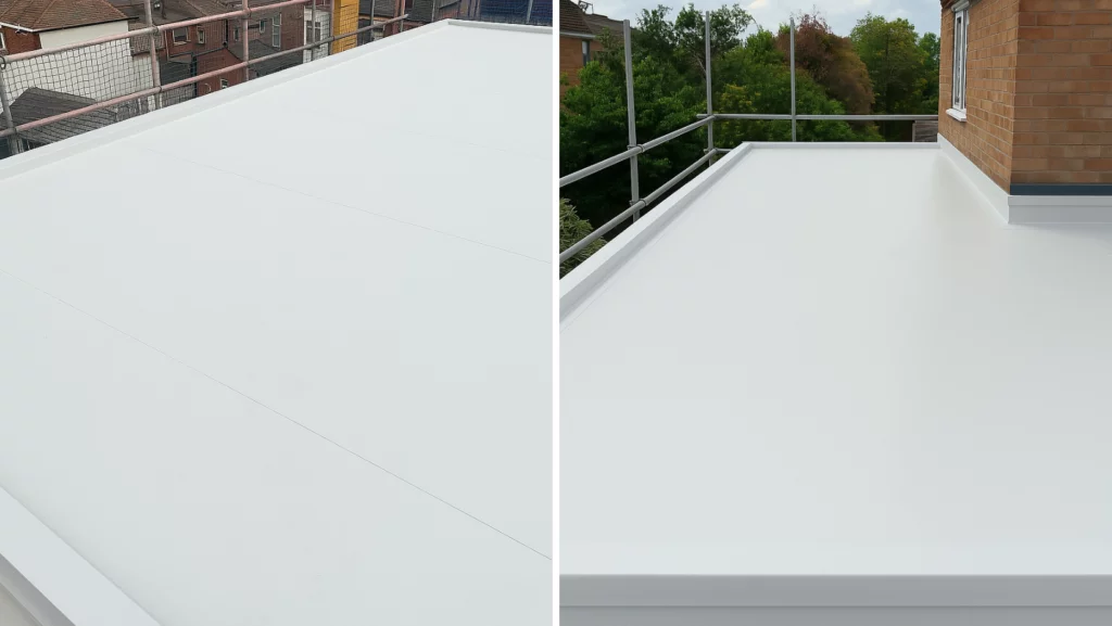 White flat roofing on residential balconies in Brewster, MA, showcasing clean installation and modern waterproofing