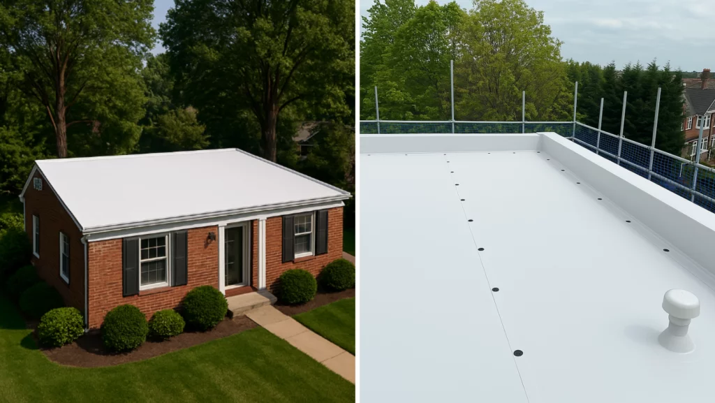 Flat white roofing on a brick house and a rooftop terrace in Brewster, MA, highlighting durability and drainage design