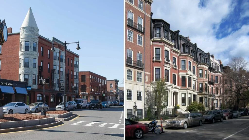 Historic brick buildings and residential row houses in Brighton, MA — flat roofing options for classic architecture
