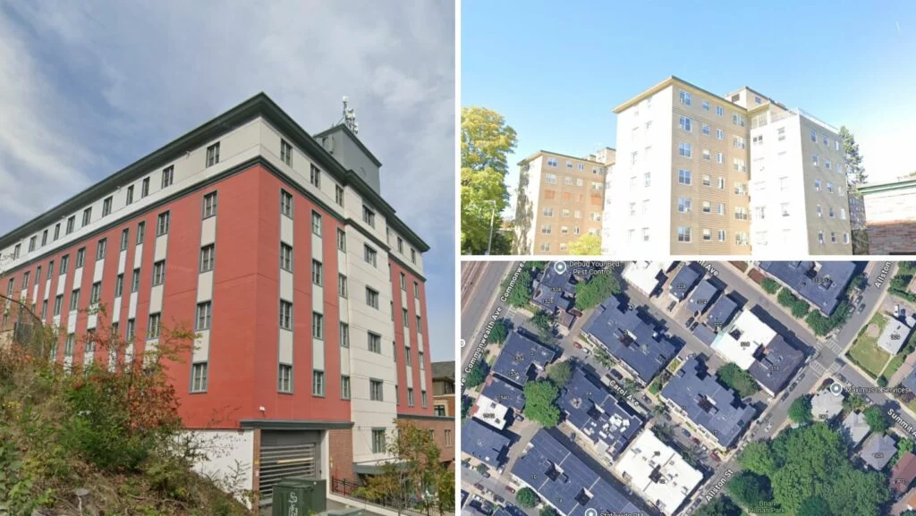 Multi-story apartment buildings in Brighton, MA with visible flat roofs, shown from ground and aerial perspectives