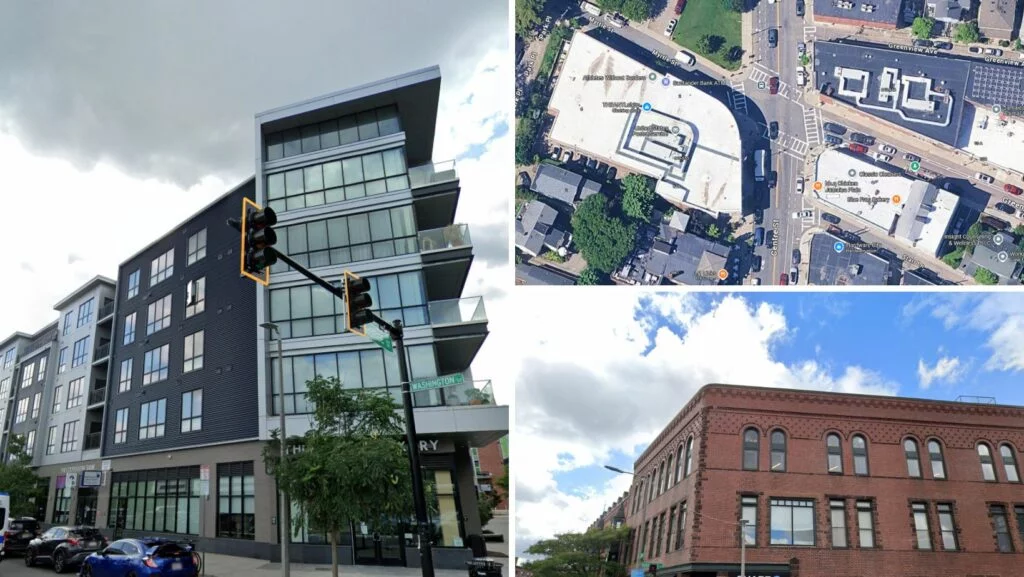 Mixed-use buildings in Jamaica Plain, MA with flat roofs visible from aerial and street-level perspectives