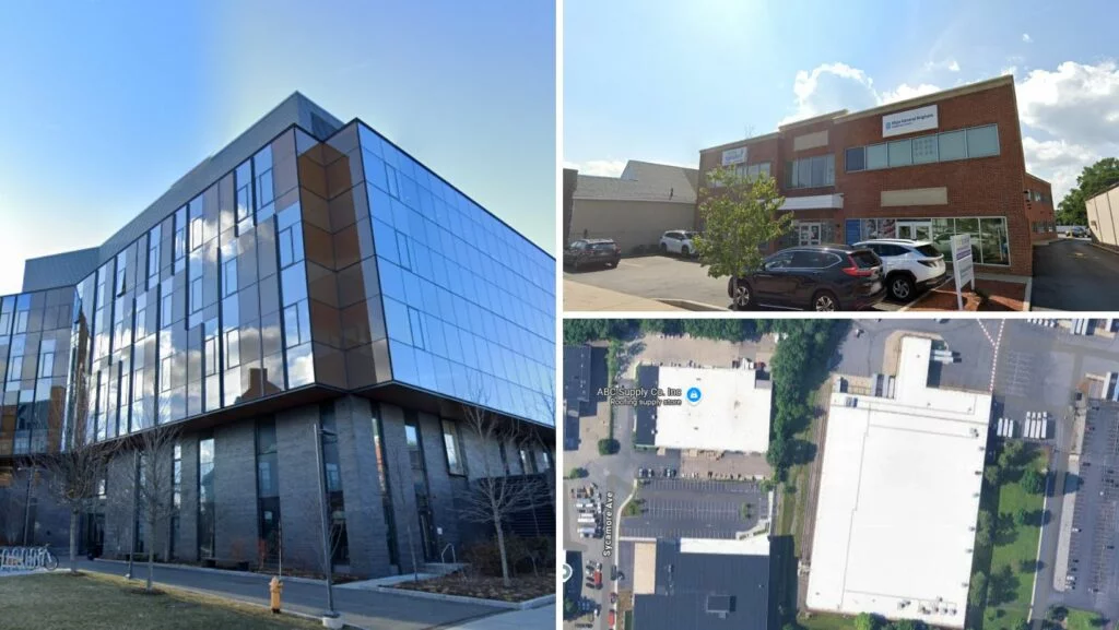 Modern office buildings and commercial facilities with flat roofs in Medford, Massachusetts