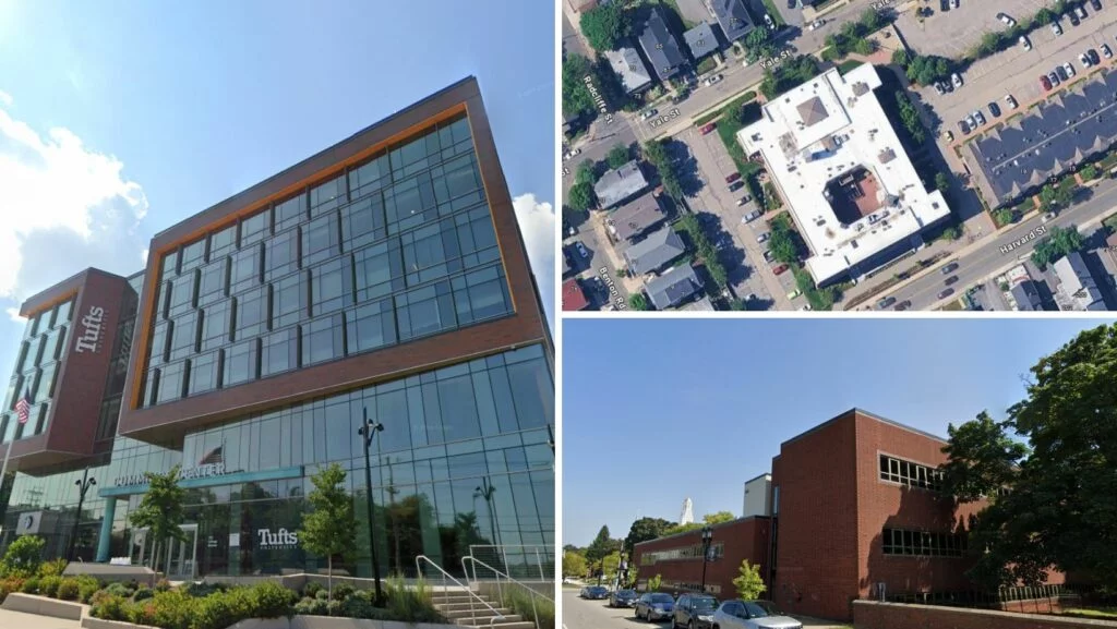 University and civic buildings featuring flat roofing across Medford, MA