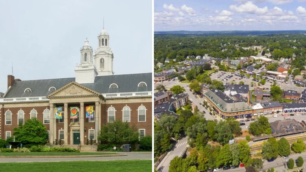 Newton, MA city center with historic buildings and surrounding flat-roofed commercial properties viewed from above