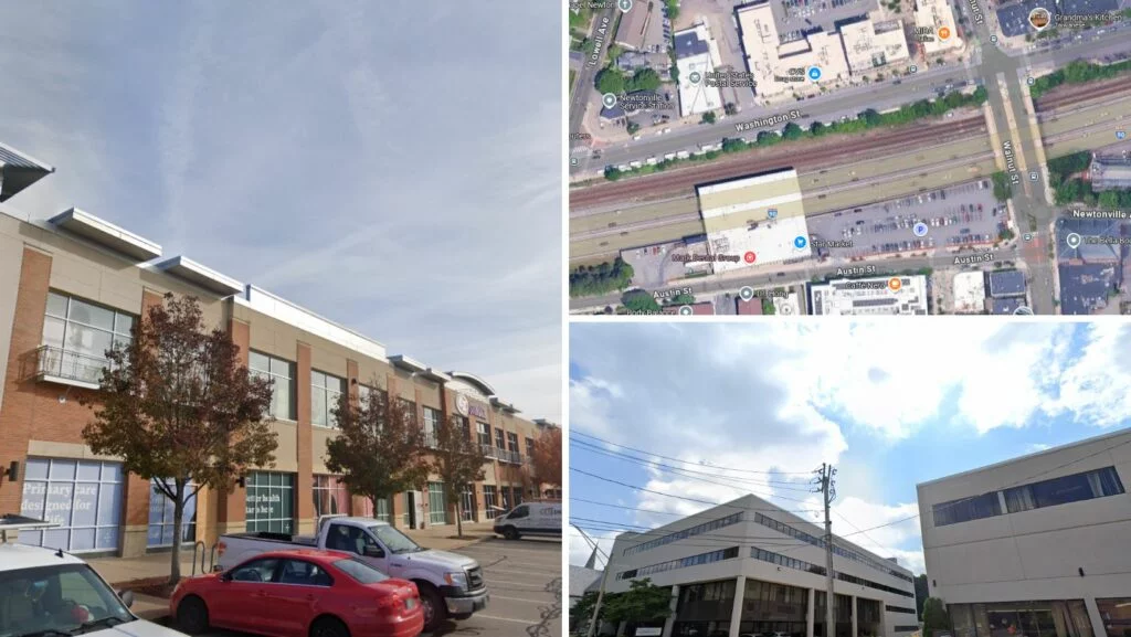 Flat roof office and healthcare buildings in Newton, MA, seen from ground and aerial views, suitable for modern roofing upgrades