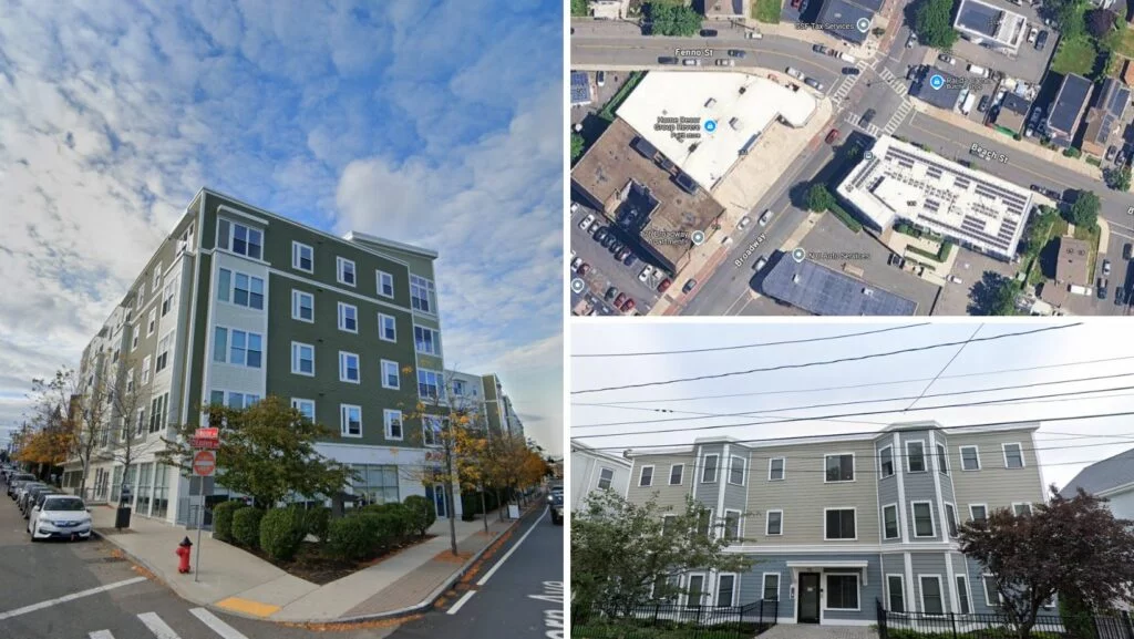 Apartment complexes and commercial buildings featuring flat roofing in Revere, MA
