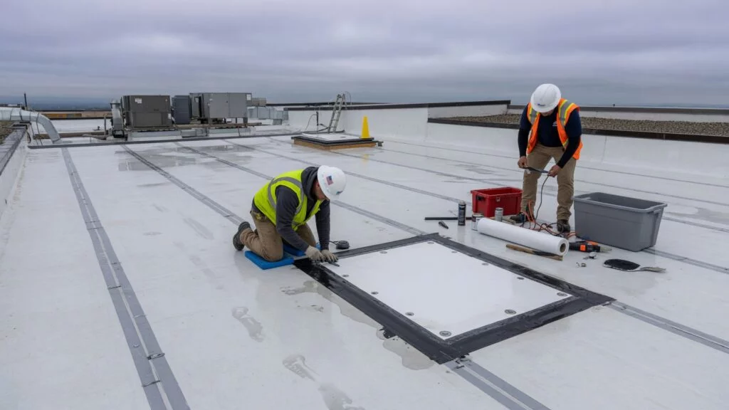 Emergency flat roof repair crew working on a commercial membrane roof