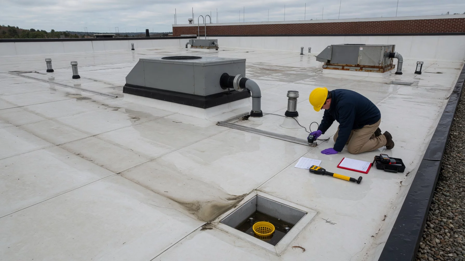 Roofing technician performing leak detection on a commercial flat roof
