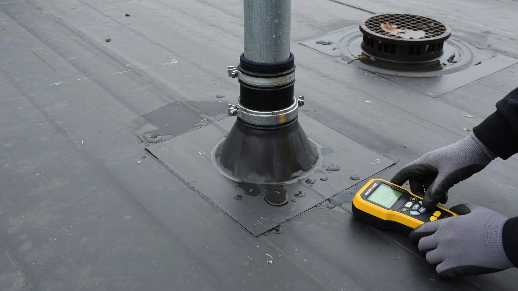 Moisture testing around a flat roof pipe penetration and flashing