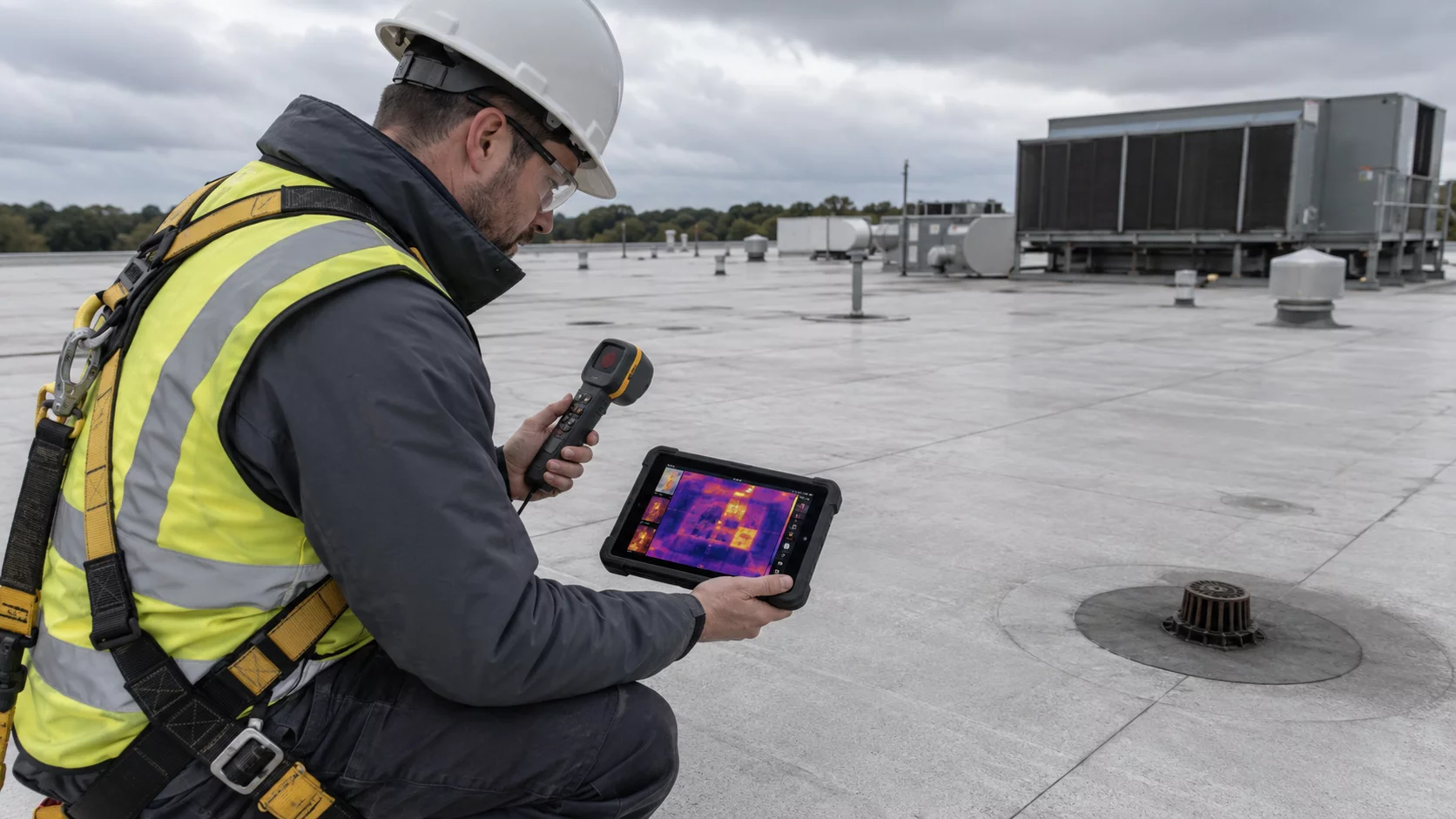 Roof inspector reviewing thermal imaging results on a commercial flat roof