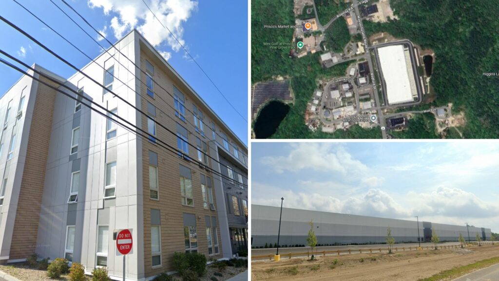 Residential and industrial properties in Bridgewater, MA with expansive flat roofing areas, seen from street and aerial views