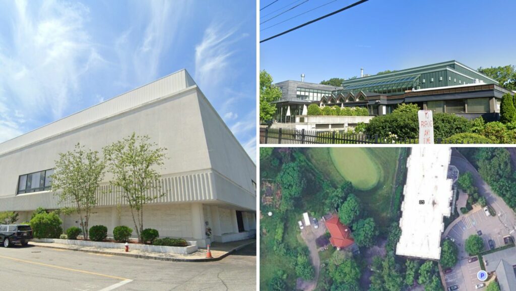 Commercial and institutional buildings in Chestnut Hill, MA with flat roofs, including aerial view and modern architecture