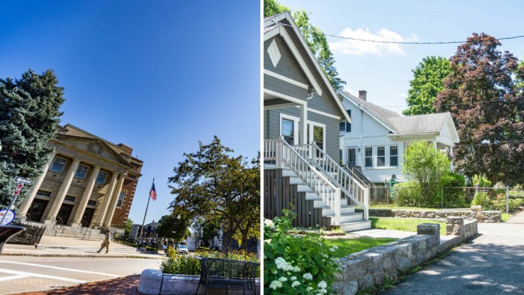 Civic and residential buildings in Hyde Park, MA, offering opportunities for modern flat roofing solutions.