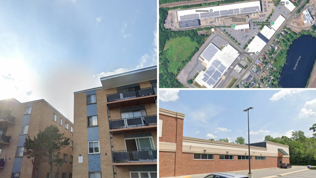 Apartment buildings, commercial warehouses, and shopping centers in Hyde Park, MA with flat roofing systems