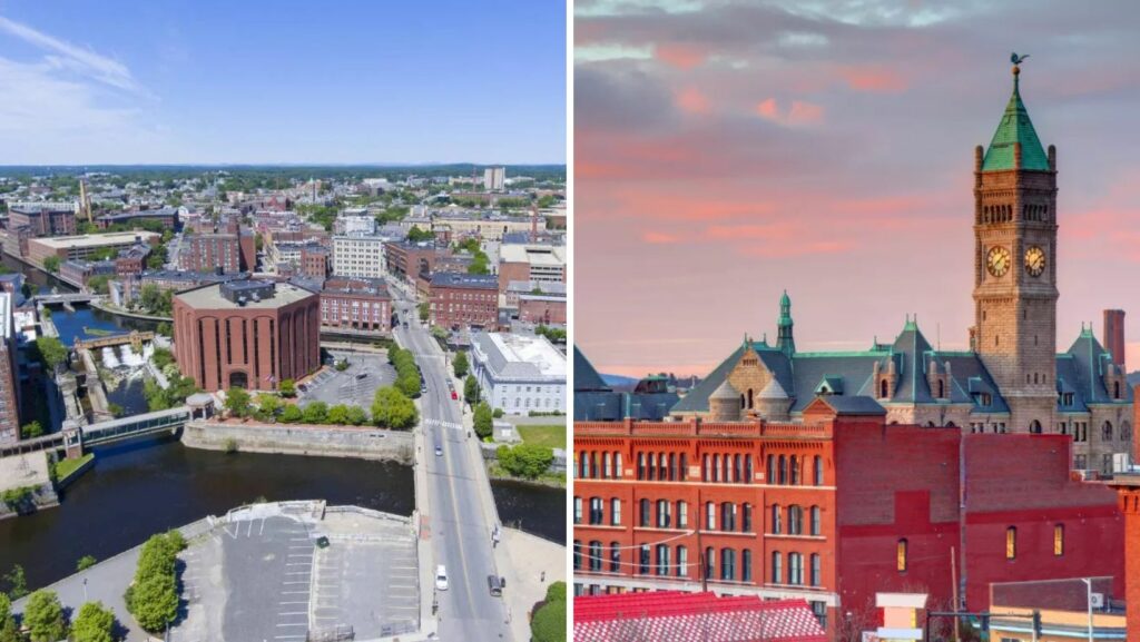 Downtown Lowell, MA skyline featuring historic buildings with flat roofing