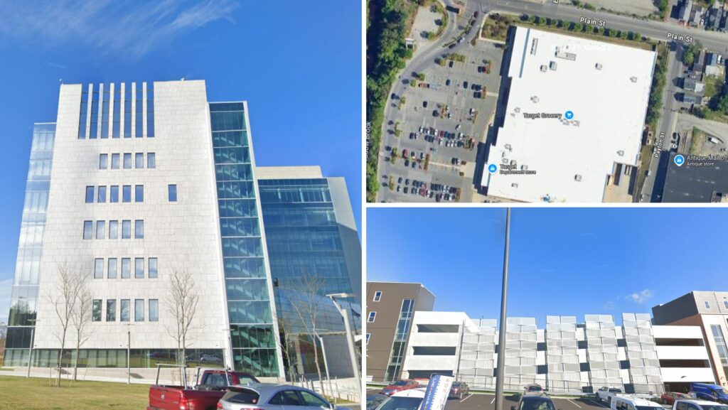 Modern commercial and retail centers with white flat roofs in Lowell, Massachusetts