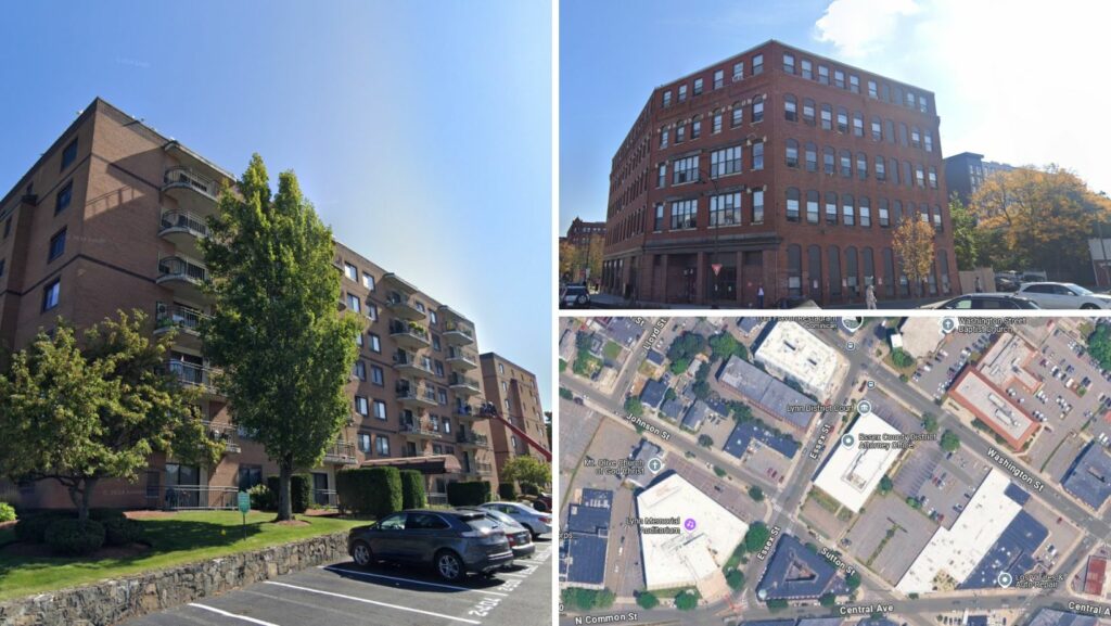 Brick apartment complexes and public buildings featuring flat roofing in Lynn, MA