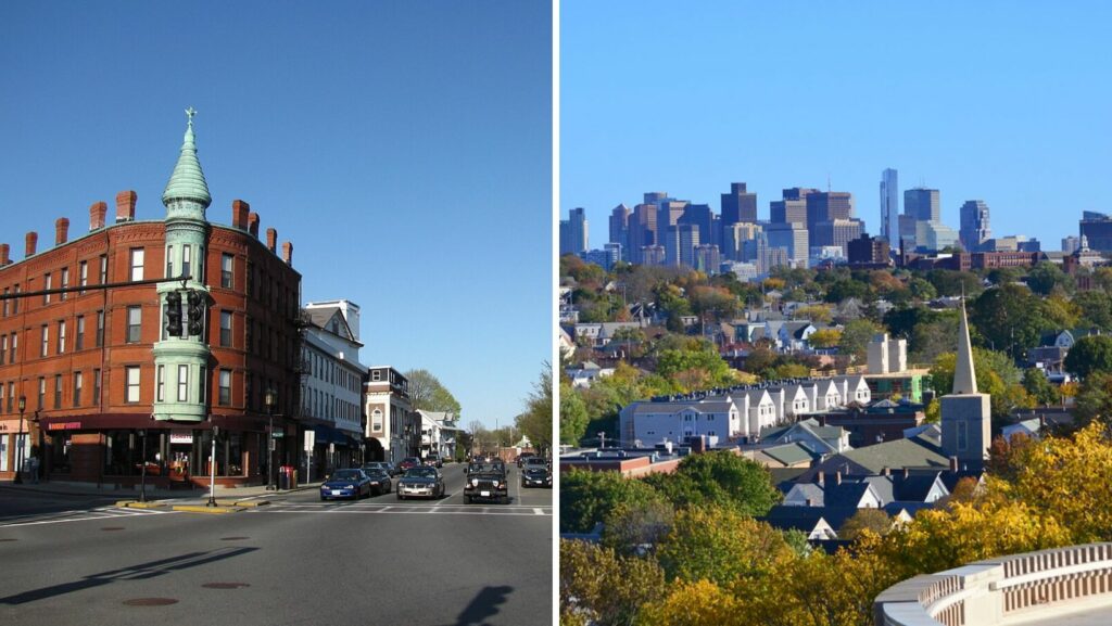 Historic and residential buildings with flat roofing in Medford, MA and Boston skyline in the distance