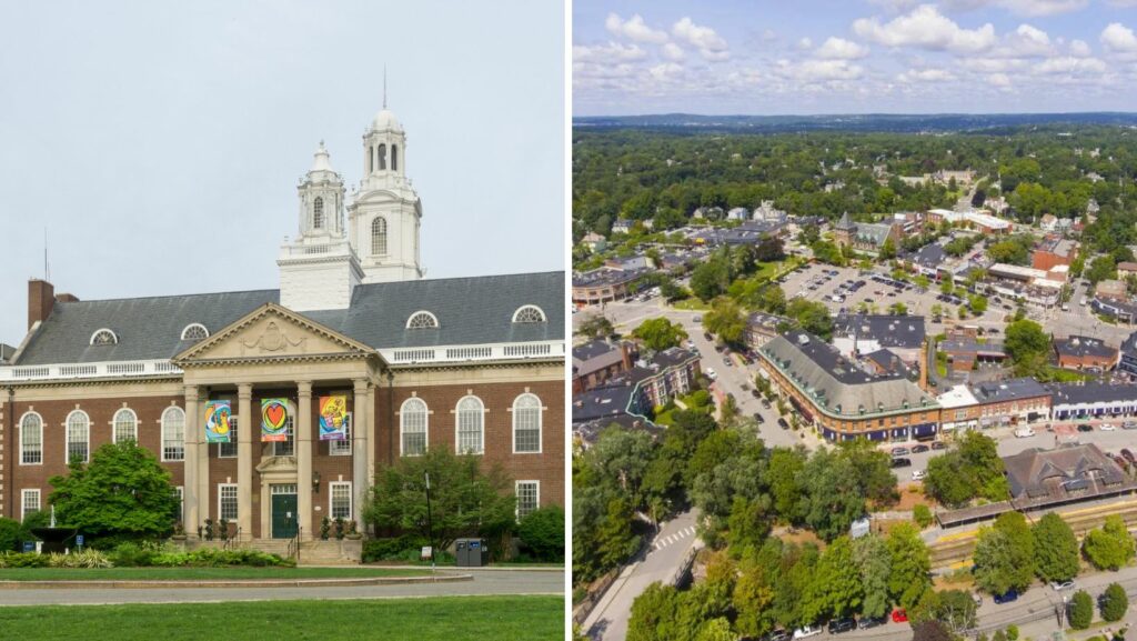 Newton, MA city center with historic buildings and surrounding flat-roofed commercial properties viewed from above